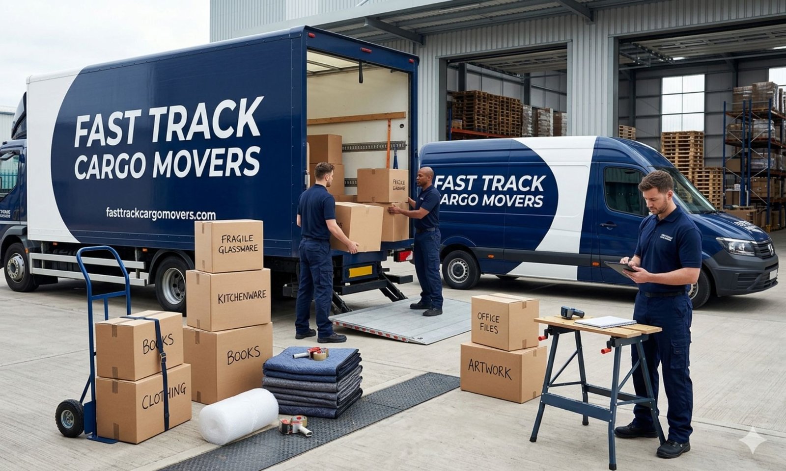 Fast Track Cargo Movers logistics team managing packed boxes and cargo movement